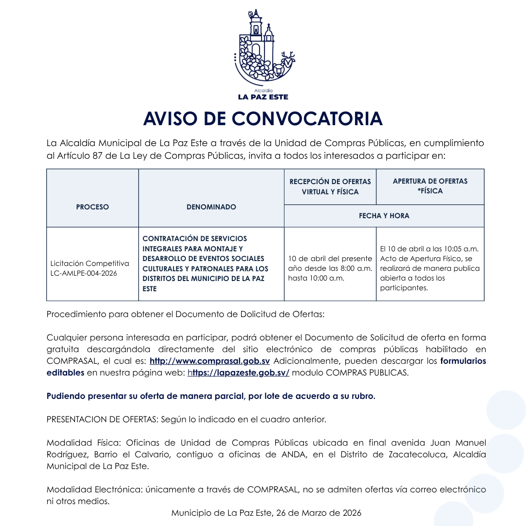 Vista previa de CONTRATACIÓN DE SERVICIOS INTEGRALES PARA MONTAJE Y DESARROLLO DE EVENTOS SOCIALES CULTURALES Y PATRONALES PARA LOS DISTRITOS DEL MUNICIPIO DE LA PAZ ESTE
