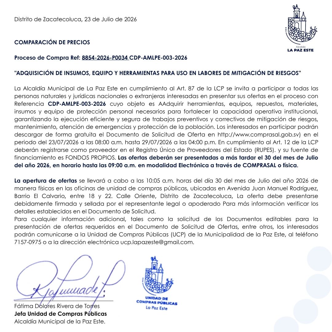 Vista previa de ADQUISICION DE INSUMOS, EQUIPO Y HERRAMIENTAS PARA USO EN LABORES DE MITIGACION DE RIESGOS
